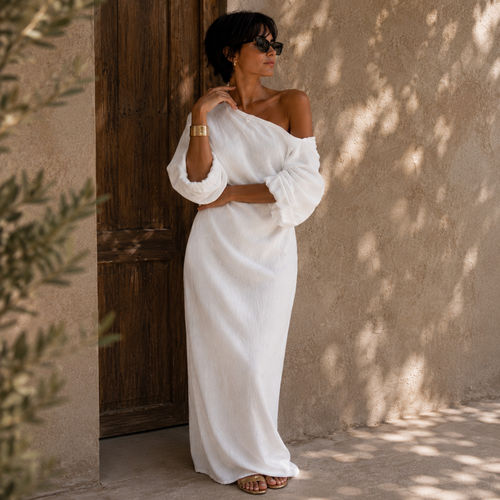 Ivory Breeze Off-Shoulder Maxi Dress