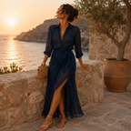 Elegant Navy Blue Draped Maxi Dress