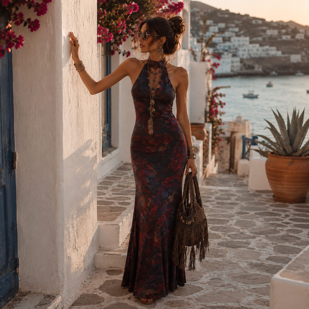 Midnight Bloom Halter Maxi Dress