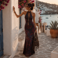 Midnight Bloom Halter Maxi Dress