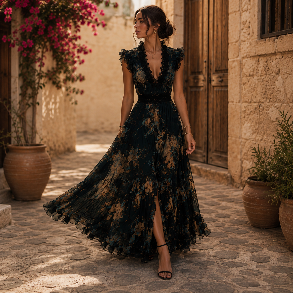 Midnight Bloom Lace Maxi Dress